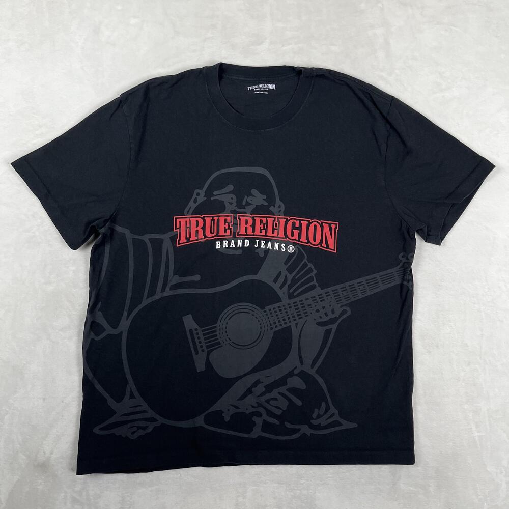 True Religion T-Shirt Mens XL Black Buddha Guitar World Tour Graphic Tee